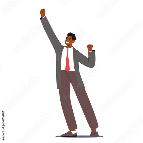 Triumphant Businessman Character Celebrates With Raised Arms, Exuding Confidence And Success, Symbolizing Achievement