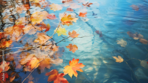 A group of leaves floating on top of a body of water in autumn time
