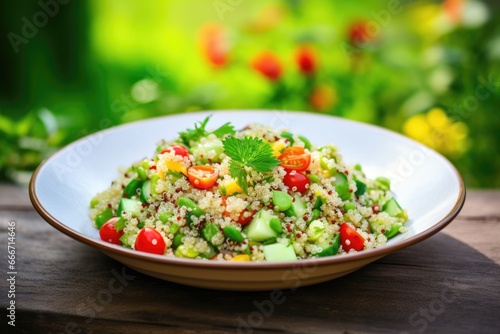 Refreshing Quinoa Salad: A Mediterranean Delight with Fresh Vegetables, Lemon Herb Dressing - A Light, Nutritious, and Wholesome Dish Bursting with Zesty Flavor.