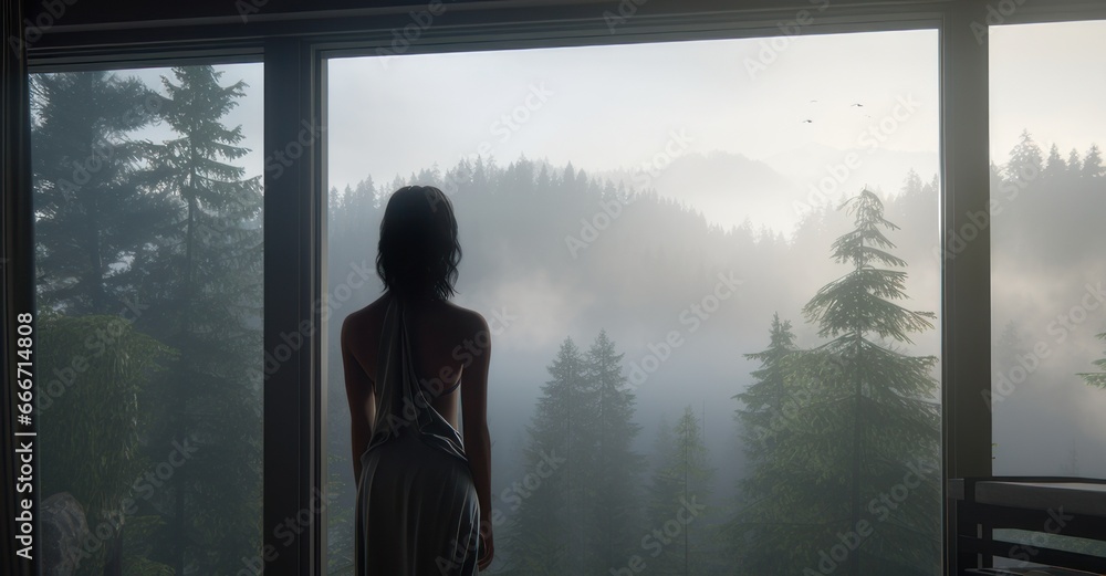 a woman, framed from behind, looking out to a misty forest from her balcony, embracing solitude a woman, framed from behind, looking out to a misty forest from her balcony, embracing solitude