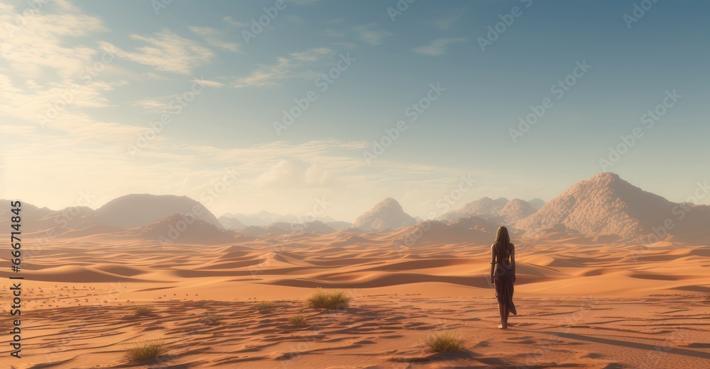 a figure in the middle of a vast desert, standing still, with sand dunes in the background
