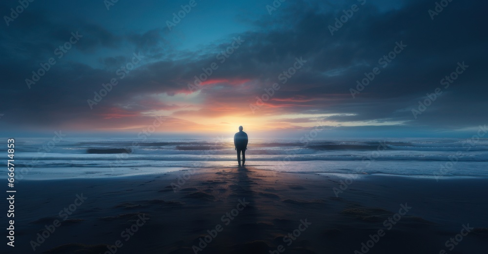 a solitary figure standing at the ocean's edge during early dawn, captured from behind