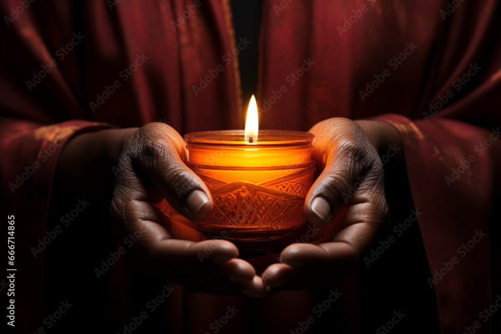 Hands cradling a candle, with its soft, warm glow as the sole source of light, symbolizing the power of a single flame to dispel darkness. Ai generated