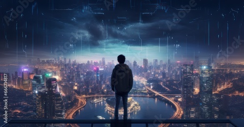 a teenager on a rooftop, surrounded by city lights, lost in the vastness of the universe and city