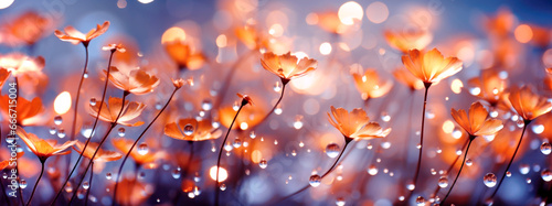 Abstract close-up of wild orange flowers and raindrops falling mid-air on a blurred bokeh background 