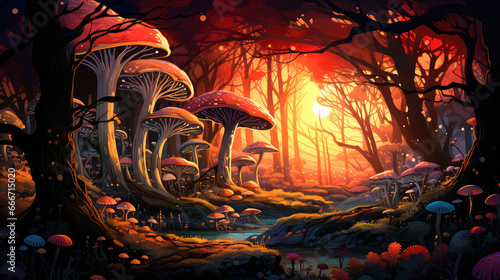 las grzybów przedstawiony w sztuce komputerowej w krajobrazie
