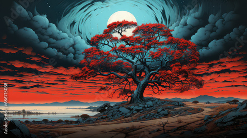 sztuka komputerowa japońska kolorowa krajobrazu drzewa