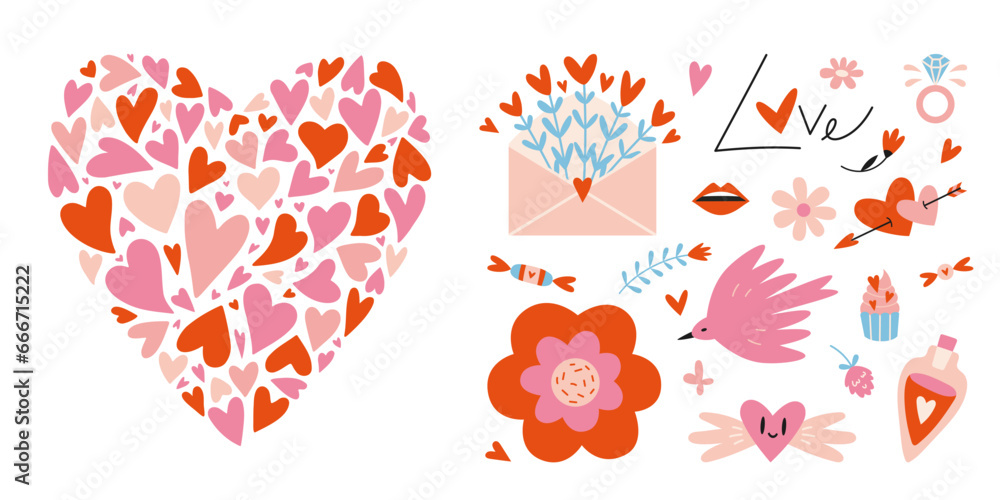 Big heart made from small hearts and romantic objects like envelope, sweets and flowers. Valentines day concept, cartoon style. Trendy modern vector illustration isolated on white, hand drawn, flat - obrazy, fototapety, plakaty 