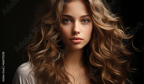 portrait of young sensual slim curly woman with pouty lips on dark background