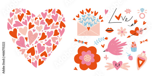 Big heart made from small hearts and romantic objects like envelope, sweets and flowers. Valentines day concept, cartoon style. Trendy modern vector illustration isolated on white, hand drawn, flat