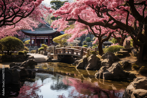 Japanese garden  graced by the delicate beauty of blossomed cherry trees in full bloom  creating a serene and picturesque scene. Ai generated