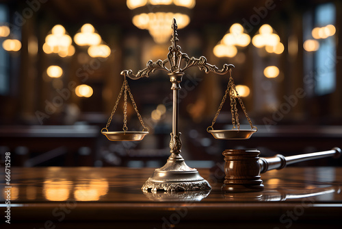 The Power of Justice, Judge Gavel and Scales of Law in Court Hall