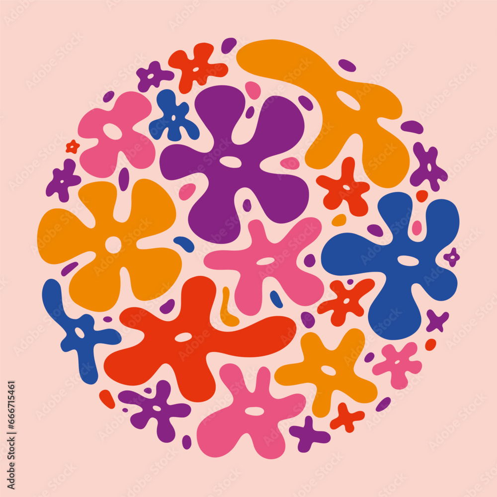 Circle with cool groovy flowers, liquid shapes. Funky Blossom Backdrops, Y2K Textures, hippie retro style. Trendy modern vector illustration, hand drawn, flat design Circle with cool groovy flowers, liquid shapes. Funky Blossom Backdrops, Y2K Textures, hippie retro style. Trendy modern vector illustration, hand drawn, flat design