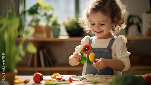 A young girl is enjoying playing with food and vegetables in the nursery room.