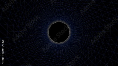 Fototapeta Naklejka Na Ścianę i Meble -  The dark tunnel of the future. space travel tube in wireframe. Black wormhole with surface warp that is abstract. 3D tunnel made of wires. Backdrop perspective grid. abstract tunnel background.