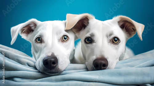 Two white dogs are laying down on a blue blanket together