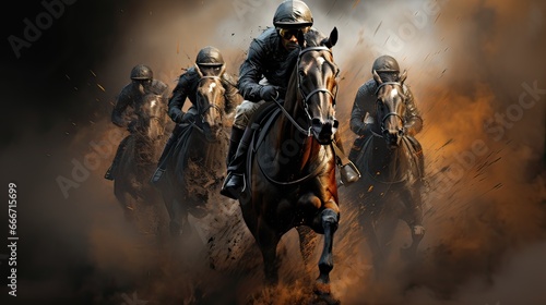 Four horsemen with Horses galloping in the desert