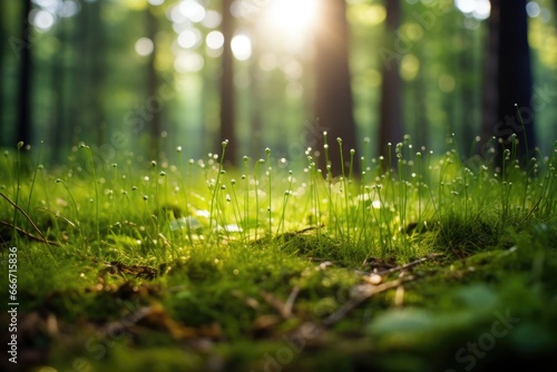 The landscape of green grass with dew in a forest with the focus on the setting sun. Soft focus