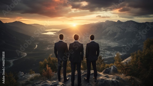 Silhouette of business team stand and feel happy on the most hight at the mountain on sunset, success, leader, teamwork, target, Aim, confident, achievement, goal, on plan, finish, generate by AI © pinkrabbit