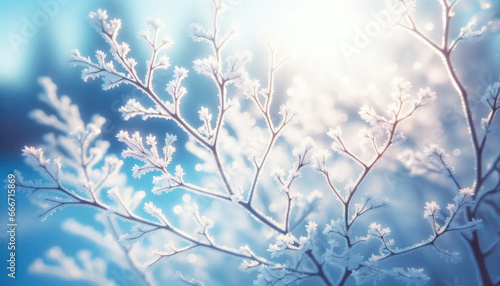 A close-up view of tree branches with frost, illuminated by soft winter sunlight against a blue sky. photo