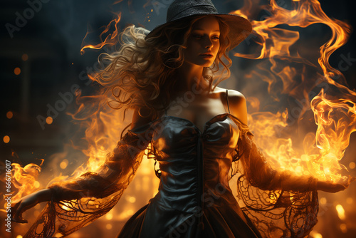 halloween powerfull witch playing with fire illustration