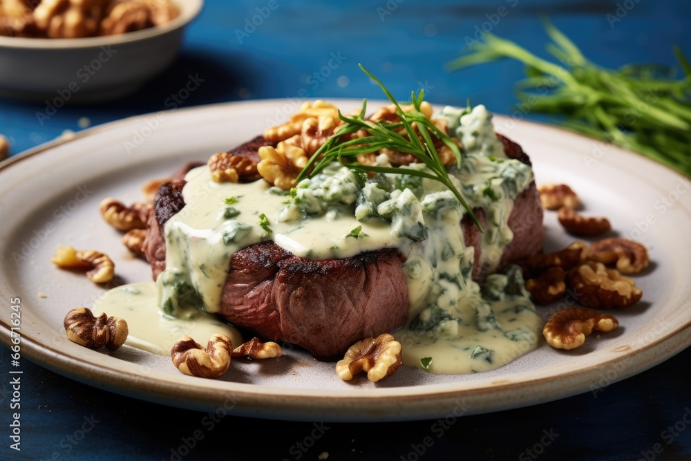 the Culinary Harmony of Gorgonzola and Walnut Steak, a Delicious Ribeye Dish Topped with Creamy Gorgonzola and Nutty Walnuts the Culinary Harmony of Gorgonzola and Walnut Steak, a Delicious Ribeye Dish Topped with Creamy Gorgonzola and Nutty Walnuts