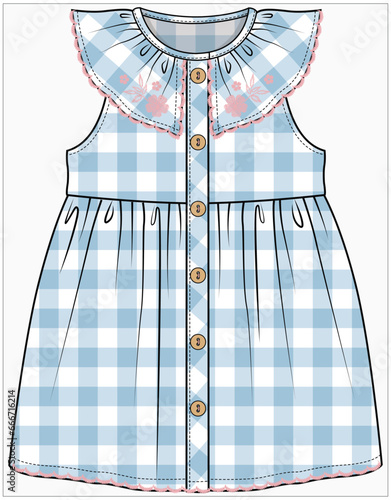 EMBROIDERED FRILL WITH SCALLOP EDGE DETAIL SLEEVELESS DRESS DESIGNED FOR INFANT GIRL TODDLER GIRL AND BABY GIRLS IN VECTOR ILLUSTRATION