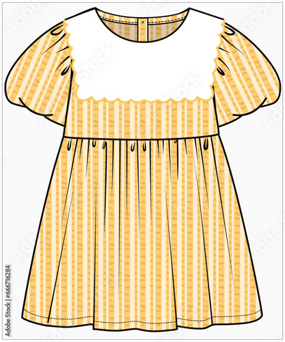 SCALLOP EDGE SAILOR COLLAR DRESS WITH MUSHROOM SLEEVES DETAIL IN SEER SUCKER STRIPE FABRIC DESIGNED FOR INFANT GIRL TODDLER GIRL AND BABY GIRLS IN VECTOR ILLUSTRATION