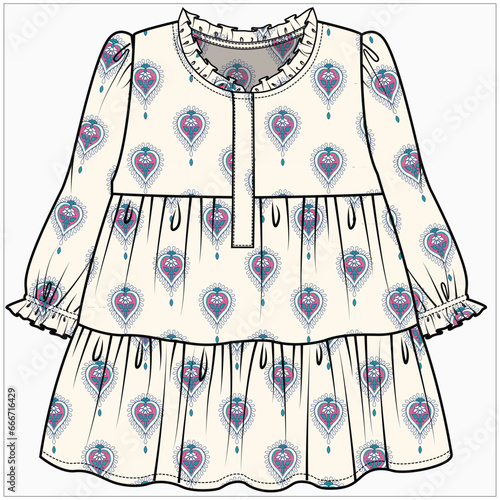 FRILL NECKLINE ELASTICATED LONG SLEEVES TIERED DRESS IN BLOCK PRINT DESIGNED FOR INFANT GIRL TODDLER GIRL AND BABY GIRLS IN VECTOR ILLUSTRATION