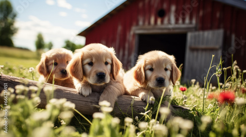 Three puppies posing for a cute photo in front of a barn.
