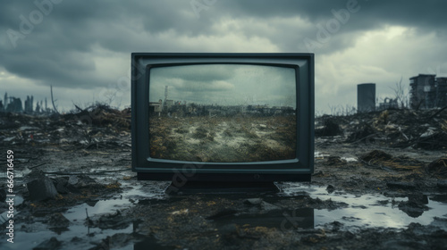 Old fashioned tv set standing on destroyed city battlefied or war background.