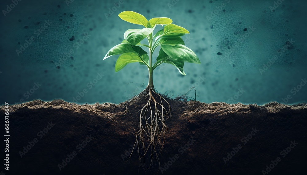 Plant growing in soil showing roots  - obrazy, fototapety, plakaty 