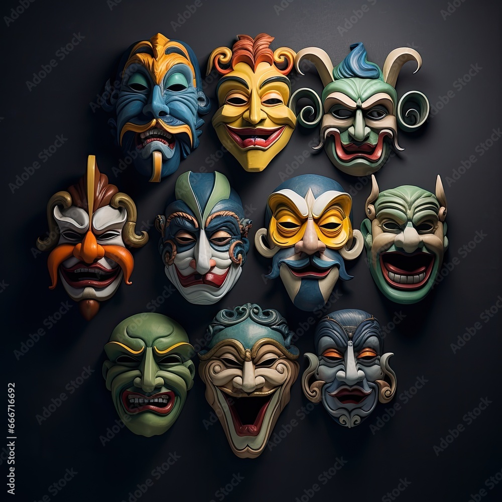 a collection of Theatre masks in a horizontal format Entertainment-themed, photorealistic illustrations in JPG.  Generative ai