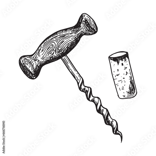 Hand drawn sketch of a corkscrew and wine cork . Engraving style. Doodle illustration. For design, packaging, web banners