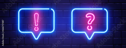 Neon speech bubble with question and exclamation mark. Quiz neon banner. Color neon frame on brick wall. Realistic bright night signboard. Trivia online game with questions. Vector illustration
