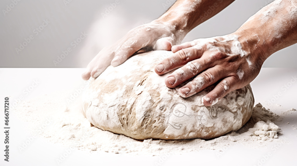 Obraz premium The person's hands expertly knead bread dough in a busy kitchen, captured in a photo with warm lighting and a rustic feel.