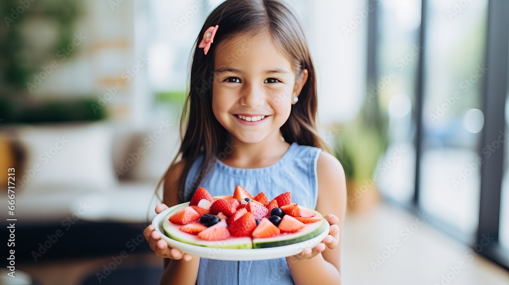 A young child is savoring a slice of freshly cut watermelon pizza with banana, avocado, blueberries, strawberries, tomatoes, citrus, and cottage cheese.