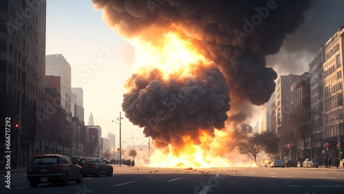 Explosion of the bomb in the city. Fire and black smoke in the city. photo