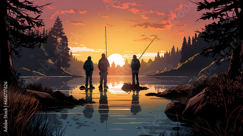 Three Anglers Silhouetted Against a Serene Sunset by the Lake photo