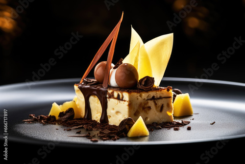 Fototapeta Naklejka Na Ścianę i Meble -  Beautifully presented Michelin star restaurant dish on a plate, black background. Refined and elegant cuisine, fine dinning