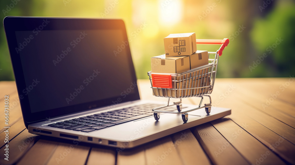 Online shopping with cart full of items on laptop computer