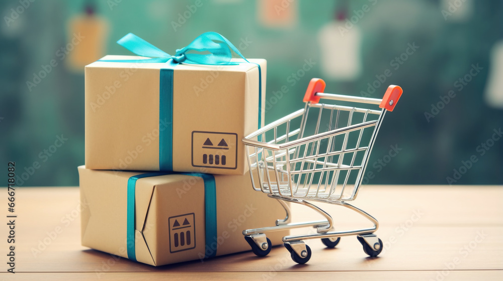 Gift shopping concept with wrapped boxes and miniature shopping cart