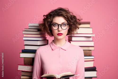 girl in pink clothes with books on a pink background. Concept of reading books. generative ai.