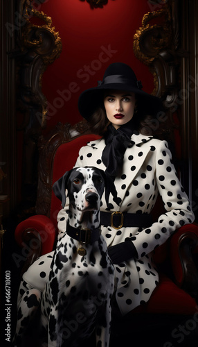 portrait of a woman in black and white clothes and black and white dog