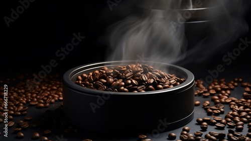 Coffee beans are engulfed in a sleek black pan, which acts as the vessel for alchemy, orchestrating a symphony of flavors with the gentle dance of roasting.