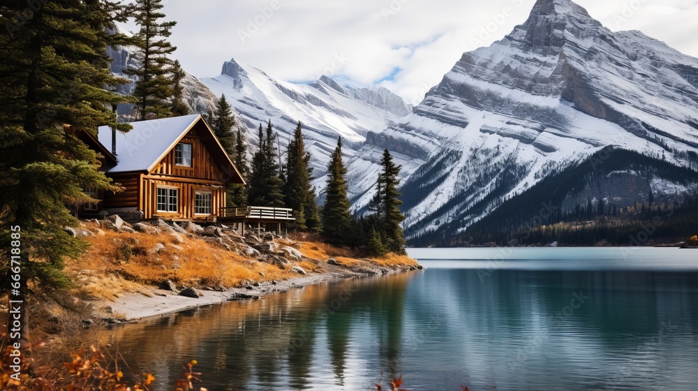 During autumn and winter, enjoy living in a cozy cabin in Canada that has stunning views of Emerald Lake in Waterton Lakes National Park.