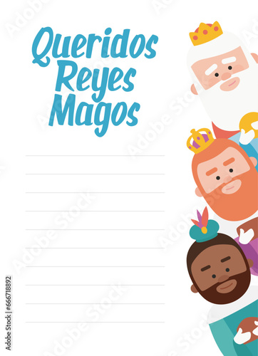 Funny vectorized letter. Dear wise men, written in Spanish.Kings of orient vectors