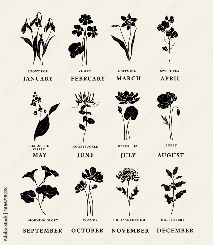 Flat vector birth month flowers set - obrazy, fototapety, plakaty 