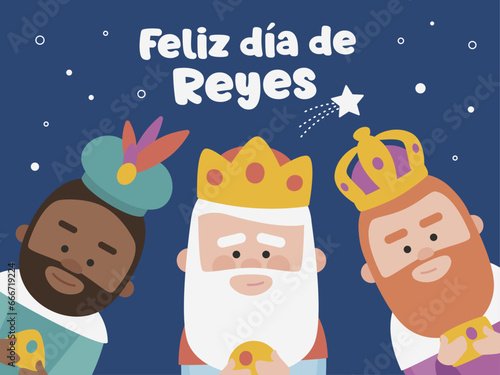 Happy epiphany written in spanish. Three funny wise men. Kings of orient on blue background. Christmas vectors.