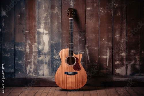 Acoustic guitar on old wooden background. Generative AI photo
